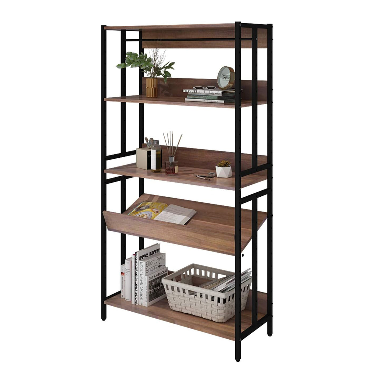 ANDWINT 棚 本棚 収納ラック オープンシェルフ 5段 高さ156×幅84×奥行34cm 木製 ハンガーラック 棚板高さ調節可能 キッチン棚 木目調 北欧 飾り棚 自由変化 組立簡単 レンジ ラック デスク おしゃれ家具