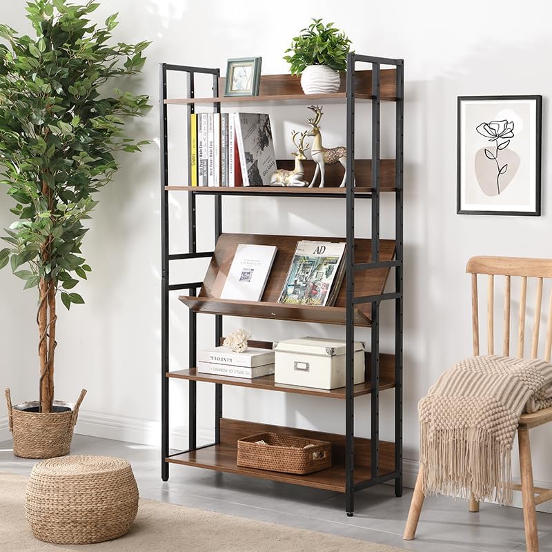 ANDWINT 棚 本棚 収納ラック オープンシェルフ 5段 高さ156×幅84×奥行34cm 木製 ハンガーラック 棚板高さ調節可能 キッチン棚 木目調 北欧 飾り棚 自由変化 組立簡単 レンジ ラック デスク おしゃれ家具