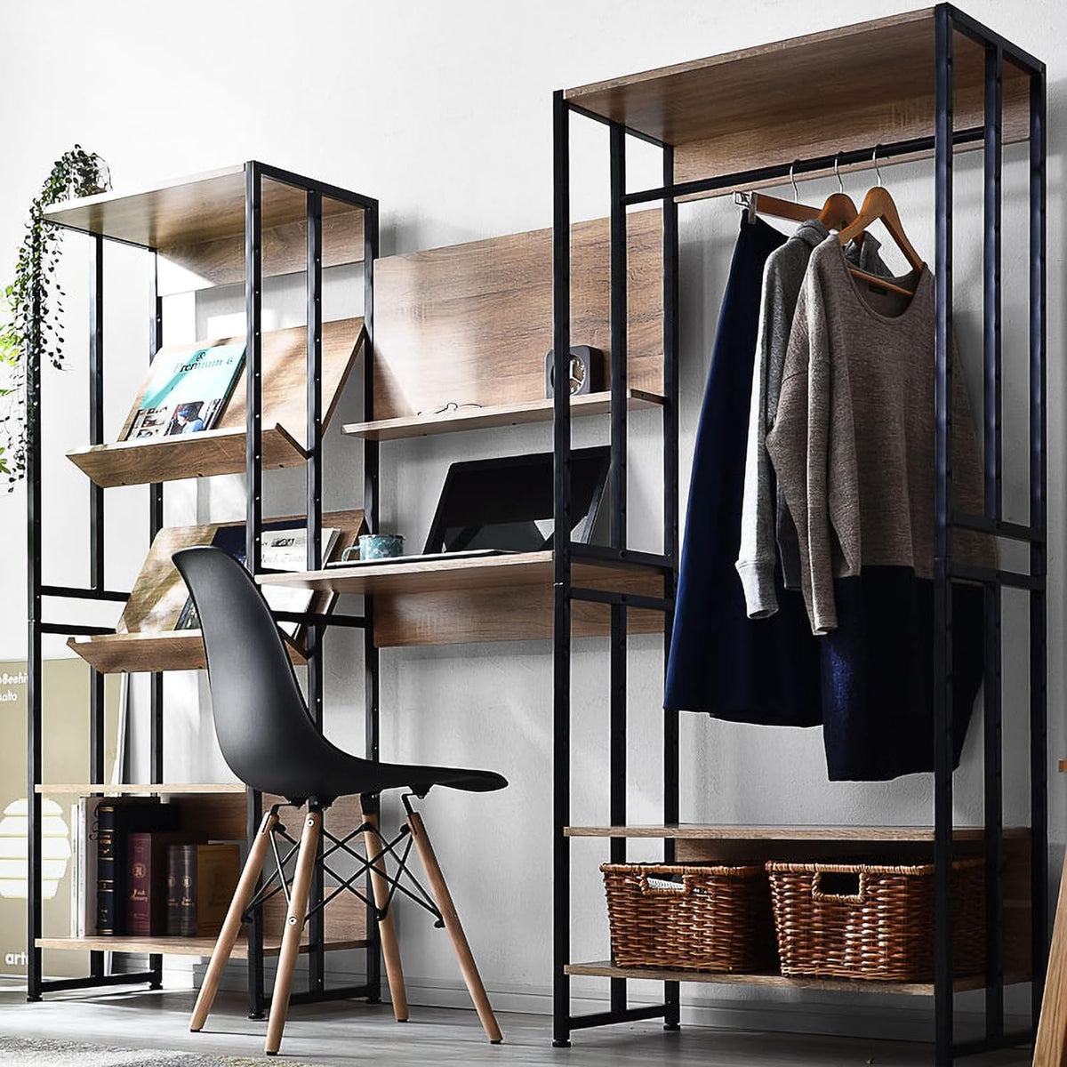 ANDWINT 棚 本棚 収納ラック オープンシェルフ 5段 高さ156×幅84×奥行34cm 木製 ハンガーラック 棚板高さ調節可能 キッチン棚 木目調 北欧 飾り棚 自由変化 組立簡単 レンジ ラック デスク おしゃれ家具