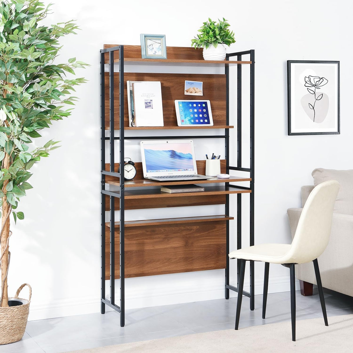 ANDWINT 棚 本棚 収納ラック オープンシェルフ 5段 高さ156×幅84×奥行34cm 木製 ハンガーラック 棚板高さ調節可能 キッチン棚 木目調 北欧 飾り棚 自由変化 組立簡単 レンジ ラック デスク おしゃれ家具