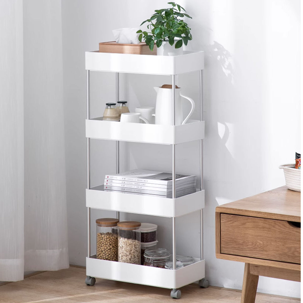 ANDWINT キッチンワゴン キャスター付き スリム 隙間収納 収納ラック 細い棚 台所 調味料ラック ペットボトル 洗面所 おしゃれ 小物 冷蔵庫横 収納カート ローリングラック シンク下オーガナイザーとストレージ 4段 ホワイト