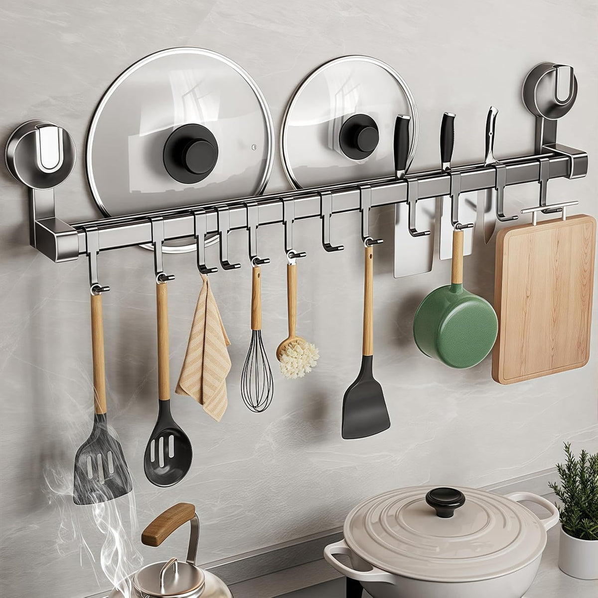 ANDWINT アルミニウム合金 ABS キッチンツールフック 強力吸盤 強固アルミニウム キッチンラック 防水防錆 キッチン収納 調理器具 鍋蓋置き 可動式フック 壁 傷つけない 12個フック 60cm