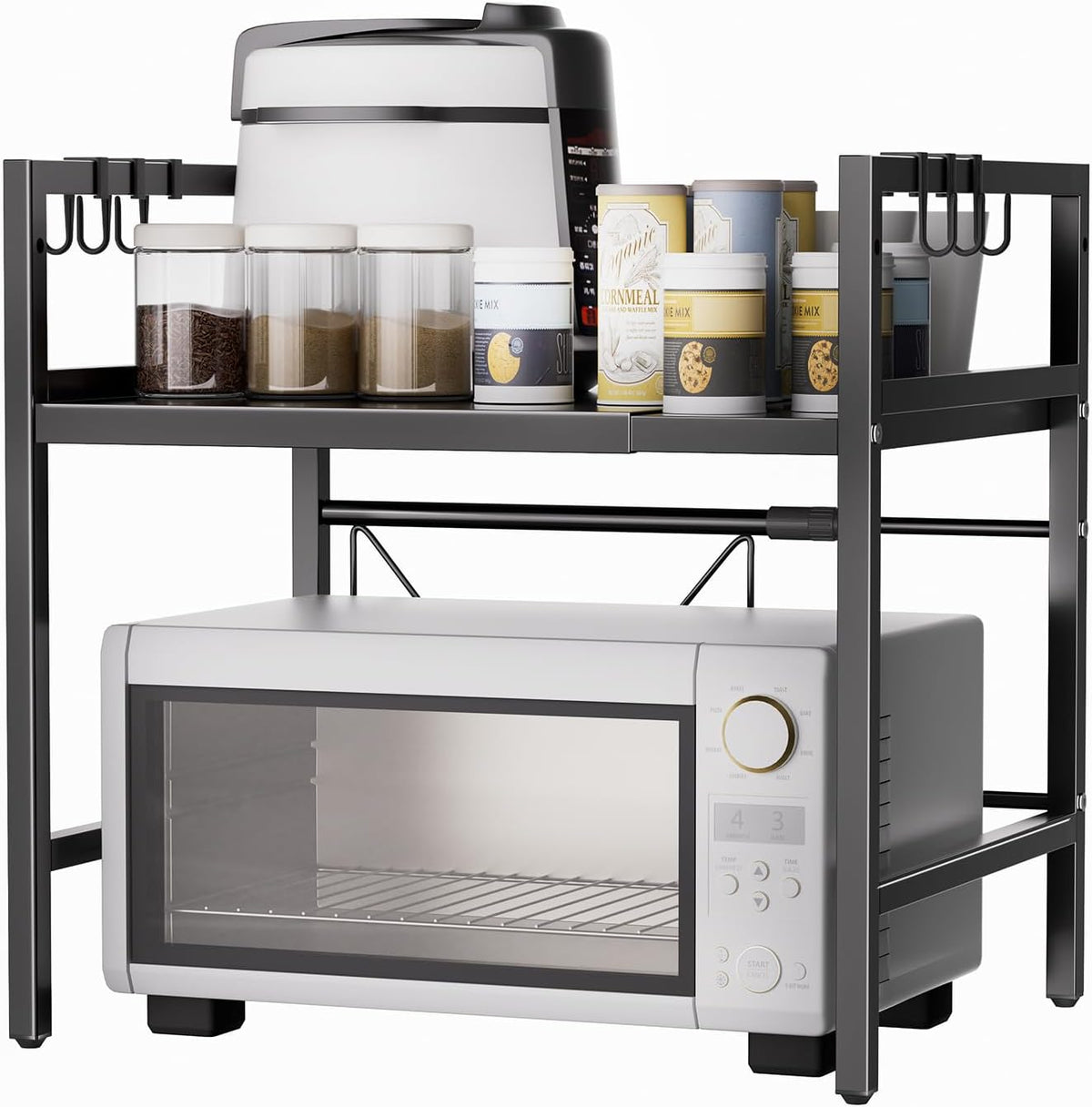 ANDWINT レンジラック レンジ台 幅40~60cm 伸縮式 フック6枚付属で掛ける収納可能 高さ2段階調節 キッチン収納ラック レンジボード トースターラック 調味料棚 省スペース 耐荷重30kg