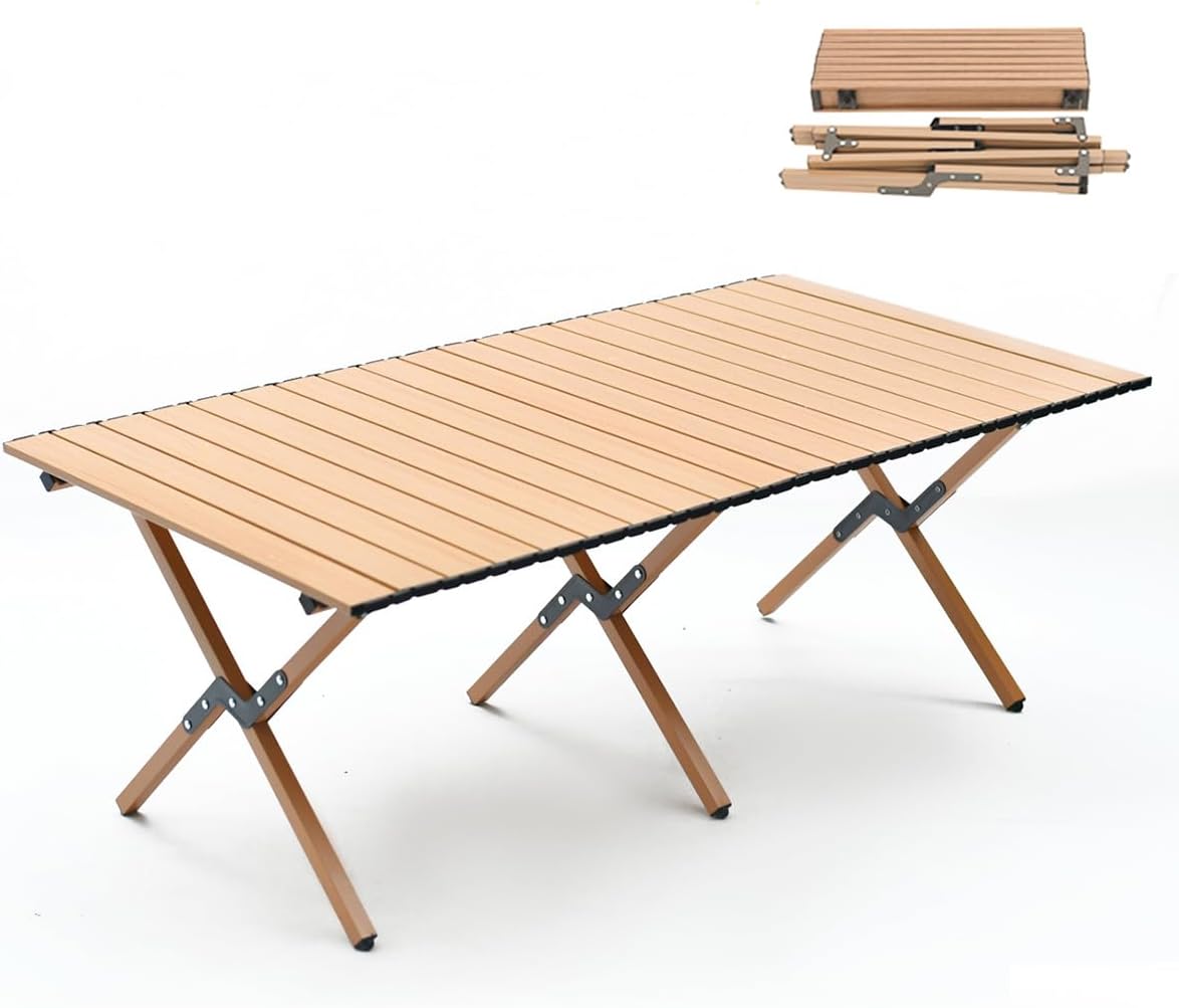 ANDWINT キャンプ テーブル アウトドア 折畳み コンパクト ロールテーブル 組み立て簡単 木目調天板 簡単収納 軽量 傷つきにくい キャップ付き 耐磨耗性 防水 耐熱 手軽に持ち運べる ローテーブル キャンプ用品 120*60*44CM