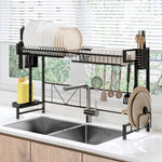 ANDWINT 水切りラック 伸縮式 幅60~100cm調節可能 大容量 多機能収納 フック6枚 皿立て 包丁スタンド まな板立て 箸立て スチール 食器ラック シンク上 水切りラック 流し台 キッチン収納ラック 組立簡単 ブラック
