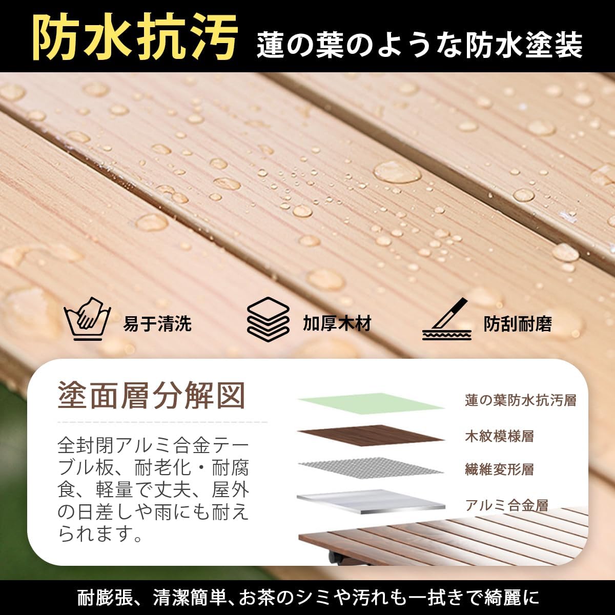 ANDWINT キャンプ テーブル アウトドア 折畳み コンパクト ロールテーブル 組み立て簡単 木目調天板 簡単収納 軽量 傷つきにくい キャップ付き 耐磨耗性 防水 耐熱 手軽に持ち運べる ローテーブル キャンプ用品 120*60*44CM