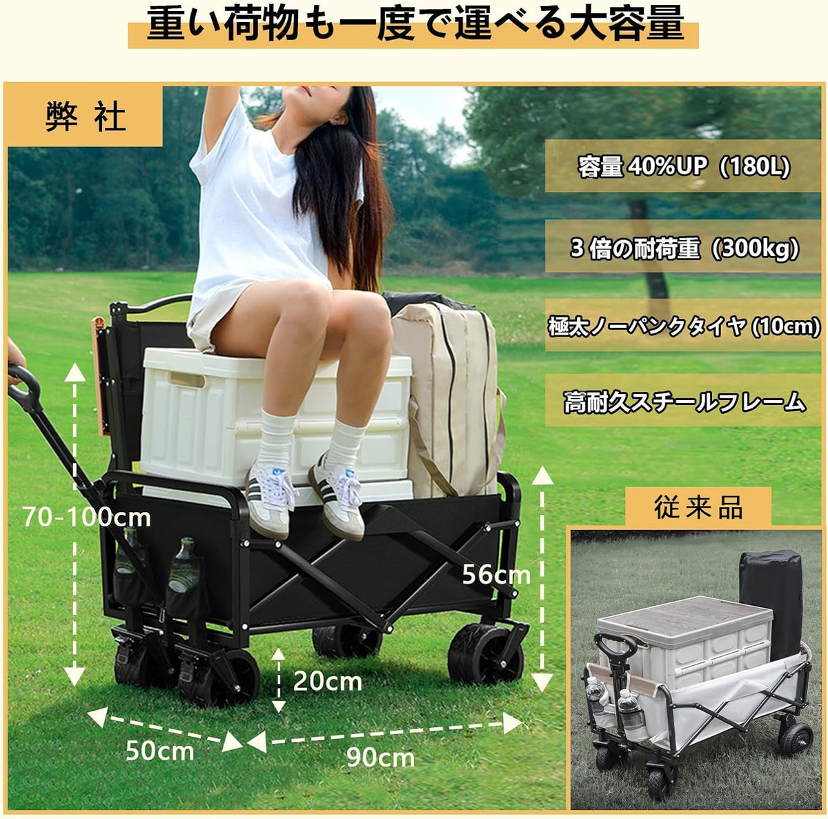 ANDWINT キャリーワゴン 大容量180L 耐荷重300kg アウトドアワゴン 特大タイヤ 折りたたみ式 キャリーカート 組立不要 ショッピングカート 台車 BBQ 運動会 買い物 引越し 釣りなどに最適