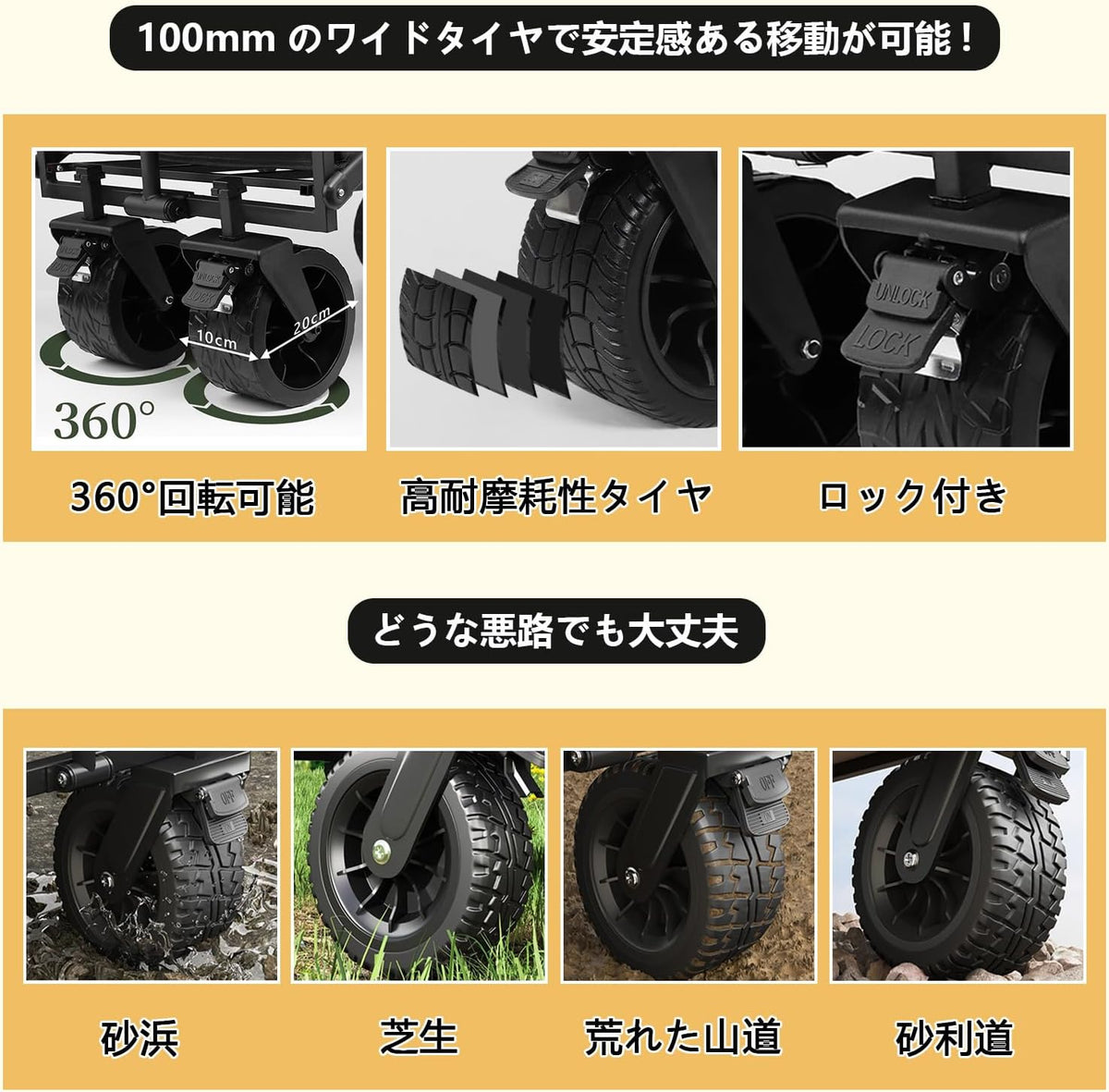 ANDWINT キャリーワゴン 大容量180L 耐荷重300kg アウトドアワゴン 特大タイヤ 折りたたみ式 キャリーカート 組立不要 ショッピングカート 台車 BBQ 運動会 買い物 引越し 釣りなどに最適